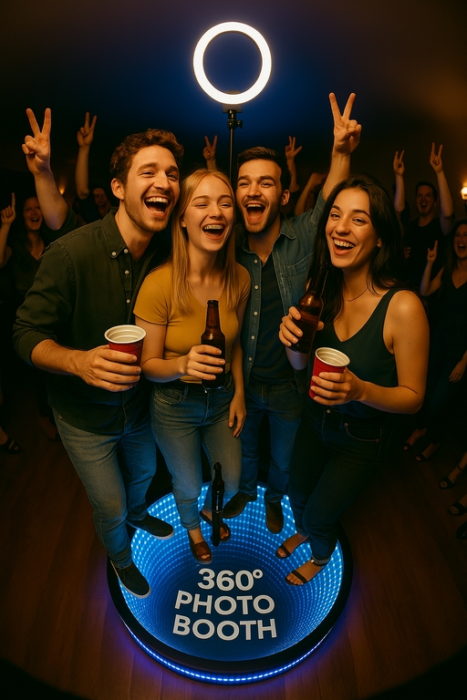 Invitados disfrutando la experiencia de cabina 360 en una boda elegante.