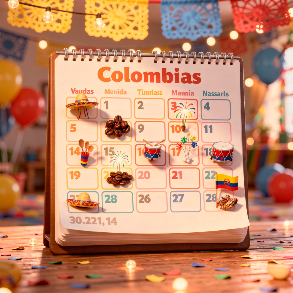 Calendario ilustrado de Colombia con festividades culturales, colores patrios, instrumentos musicales y fuegos artificiales sobre una mesa.