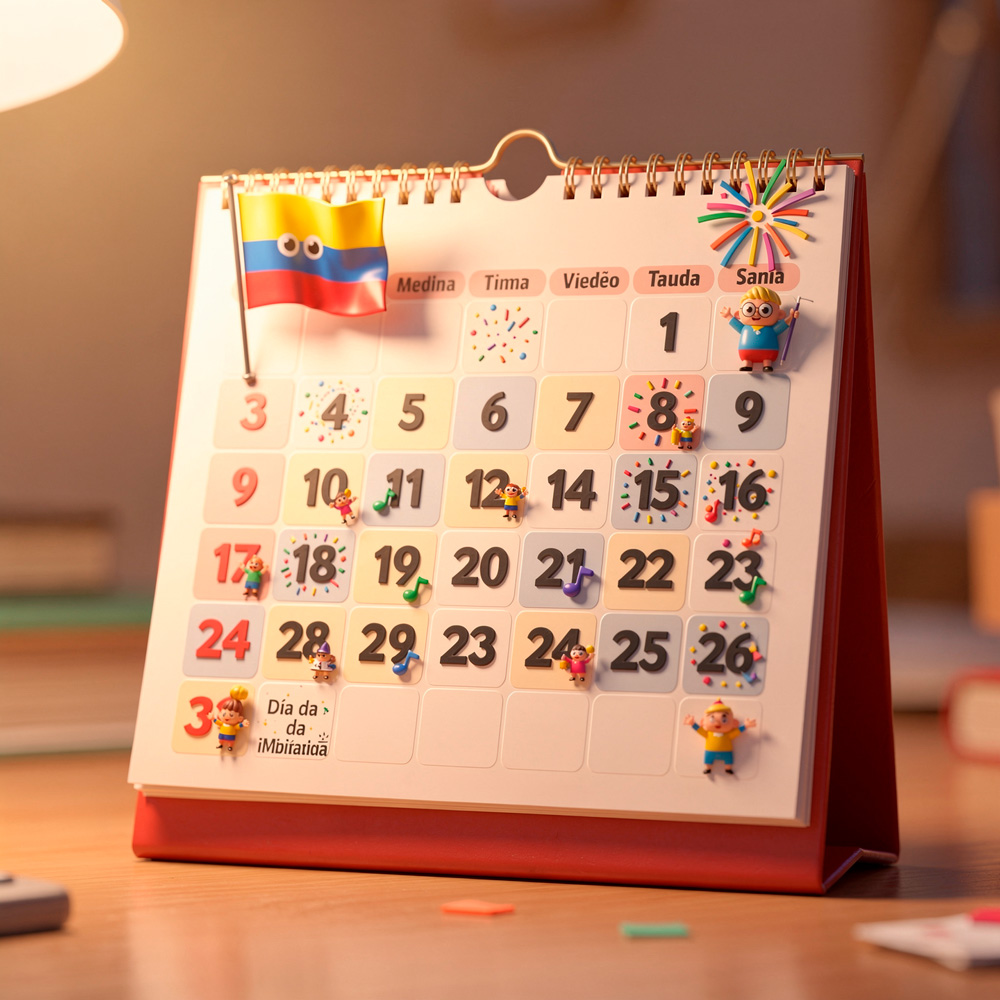 Calendario mensual de Colombia decorado con íconos de carnaval, música tradicional, banderas colombianas y personajes festivos.