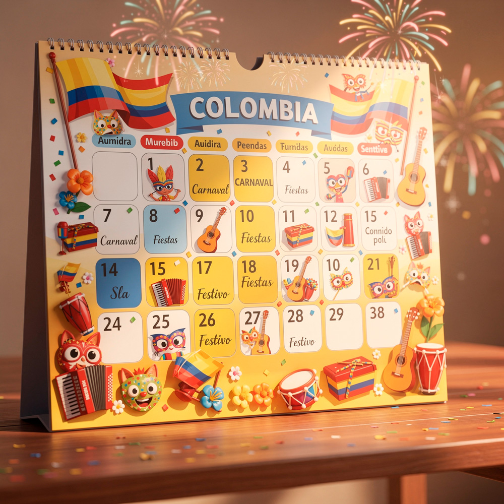 Calendario creativo de Colombia con celebraciones, acordeones, guitarras, tambores y elementos típicos del folclor colombiano.